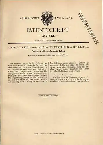 Original Patentschrift - A. Beck in Magdeburg , 1882 , Drahtgurt mit Ketten , geflochtene Ketten !!!