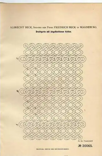 Original Patentschrift - A. Beck in Magdeburg , 1882 , Drahtgurt mit Ketten , geflochtene Ketten !!!