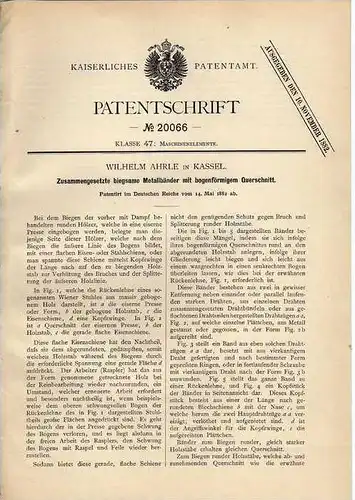 Original Patentschrift - W. Ahrle in Kassel , 1882 , Metallbänder , Schlosserei !!!