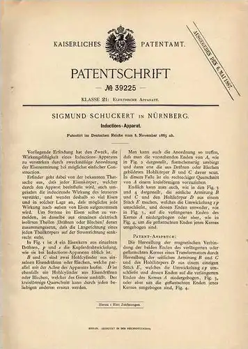 Original Patentschrift - S. Schuckert in Nürnberg , Inductions - Apparat , 1885, Elektrik , Elektriker !!!