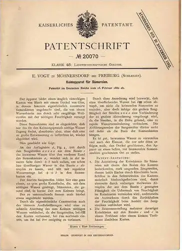 Original Patentschrift -  E. Vogt in Möhnersdorf b. Freiburg , 1882 , Keimapparat , Gartenbau !!!