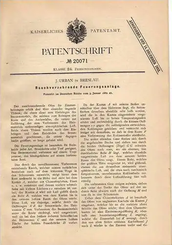 Original Patentschrift -  Feuerungsanlage , Heizung , 1882 , J. Urban in Breslau !!!