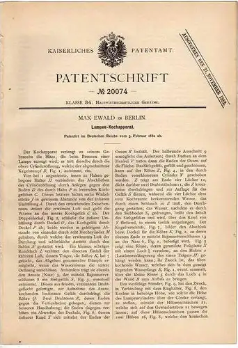 Original Patentschrift -  Lampen - Kochapparat , Kocher , 1882 , M. Ewald in Berlin , Koch , Küche !!!