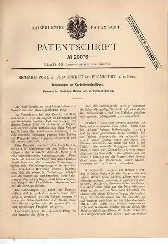 Original Patentschrift - R. Pohl in Pulverkrug b. Frankfurt / Oder , 1882 , Kartoffelernte Pflug , Landwirtschaft !!!