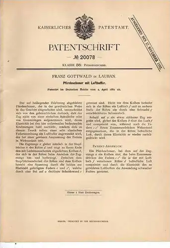 Original Patentschrift - F. Gottwald in Lauban , Schoner für Pferde , 1882 , Pferd , Reiter !!!