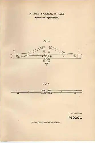 Original Patentschrift - R. Liere in Goslar am Harz , Zugvorrichtung , 1882 !!!