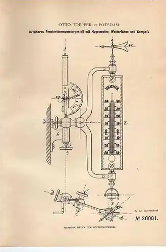 Original Patentschrift -  Hygrometer mit Kompass , 1882 , Otto Toepfer in Potsdam , Barometer !!!