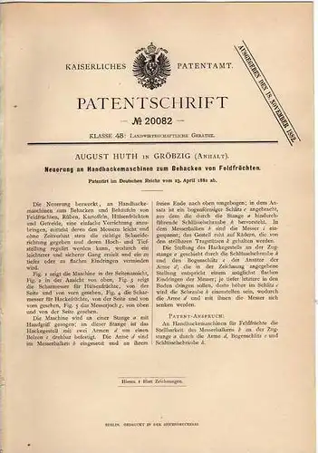 Original Patentschrift - A. Huth in Gröbzig , 1882 ,Hackmaschine für Feldfrüchte , Obstbau !!!