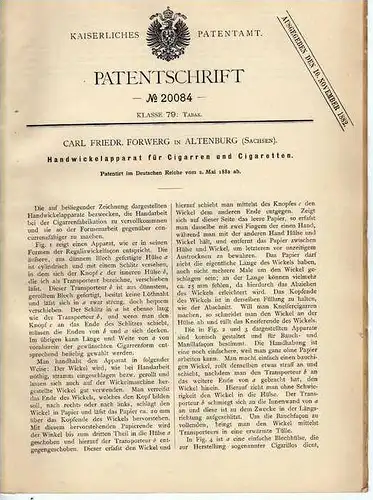 Original Patentschrift - Apparat für Cigarren und Cigaretten , 1882 , C. Forwerg in Altenburg , Sachsen !!!