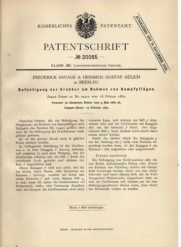Original Patentschrift - Befestigung für Grubber an Dampfpflügen 1882, H. Gülich in Breslau , Landwirtschaft , Agrar !!!