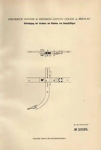 Original Patentschrift - Befestigung für Grubber an Dampfpflügen 1882, H. Gülich in Breslau , Landwirtschaft , Agrar !!!