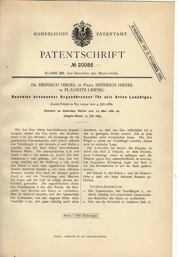 Original Patentschrift - Dr. H. Hirzel in Plagwitz - Leipzig , 1882 , Argandbrenner , Lampe , Gaslampe !!!