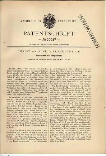 Original Patentschrift -  Vorwärmer für Dampfkessel , 1882 , C. Abel in Frankfurt a. Oder !!!