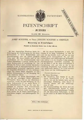 Original Patentschrift -  J. Schäfer in Crefeld , 1882 , Eisenaufzug , Lift !!!