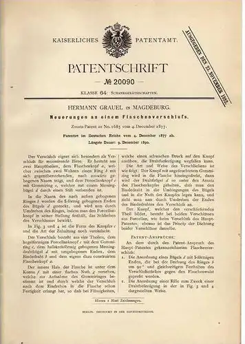 Original Patentschrift - H. Grauel in Magdeburg , 1877 , Flaschenverschluß , Flasche !!!