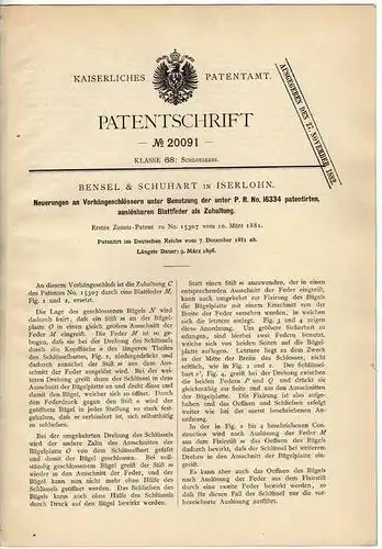 Original Patentschrift - Bensel & Schuhart in Iserlohn , 1881 , Vorhängeschloss , Schlosserei !!!