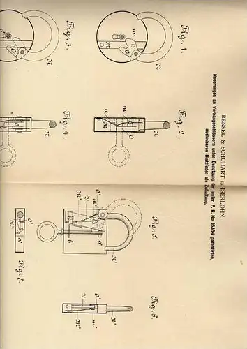 Original Patentschrift - Bensel & Schuhart in Iserlohn , 1881 , Vorhängeschloss , Schlosserei !!!