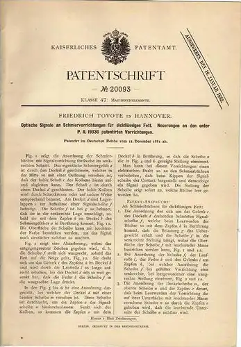 Original Patentschrift - Optische Signale an Schmiervorrichtungen , 1881, F. Tovote in Hannover  !!!