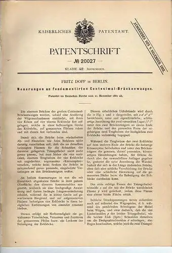 Original Patentschrift - F. Dopp in Berlin , 1881 , Brückenwaage , Waage , Gewichte  !!!