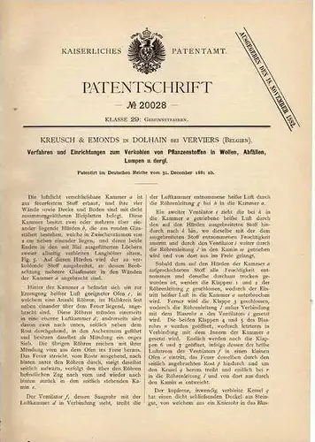 Original Patentschrift - Edmonds in Dolhain b. Verviers , Belgien , 1881 , Apparat zur Verkohlung  !!!