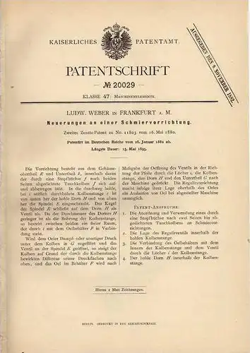 Original Patentschrift - L. Weber in Frankfurt a. Main , Schmiervorrichtung , 1882 !!!