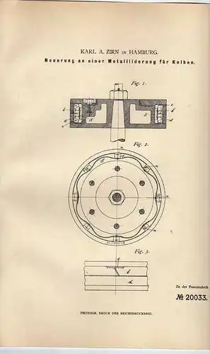 Original Patentschrift - Neuerung an Kolben , Motor , 1882 , K. Zirn in Hamburg !!!