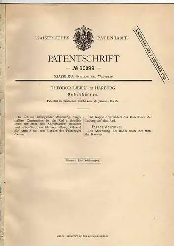 Original Patentschrift - Th. Liebke in Harburg , 1882 , Schubkarre , Bau , Wagenbau !!!