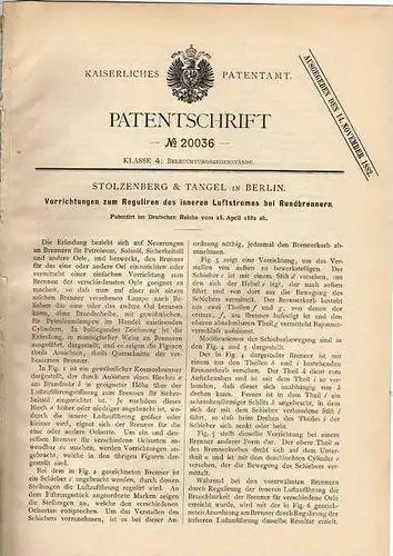 Original Patentschrift - Stolzenberg & Tangel in Berlin , 1882 , Brenner , Lampe , Petroleum !!!