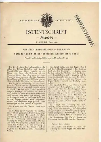 Original Patentschrift - W. Siedersleben in Bernburg , 1881,  Auflader , Förderband , Landwirtschaft , Agrar !!!