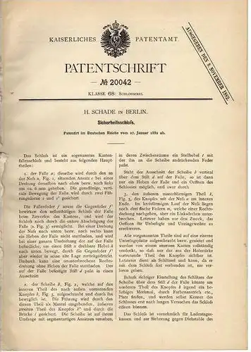 Original Patentschrift -  H. Schade in Berlin , 1882 , Sicherheitsschloß , Schlüssel !!!
