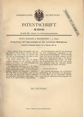 Original Patentschrift - O. Soldan in Frankfurt / Oder , 1882 , Mühle , Mühlenstein , Windmühle !!!