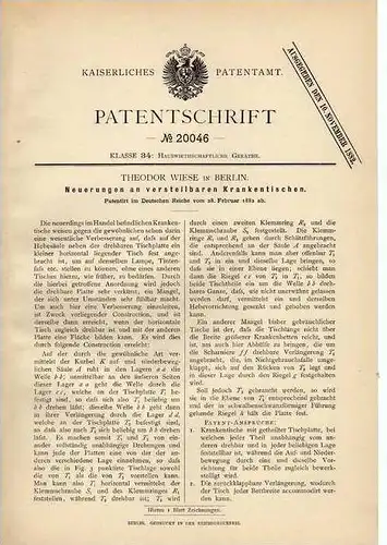 Original Patentschrift - Krankentisch , 1882 , T. Wiese in Berlin , Arzt , Klinik , Operation , Chirurgie !!!
