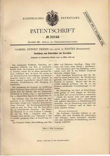 Original Patentschrift - G. Dennis in Nantes , Frankreich , 1882 , Entschälen von Cerealien , Nahrung !!!