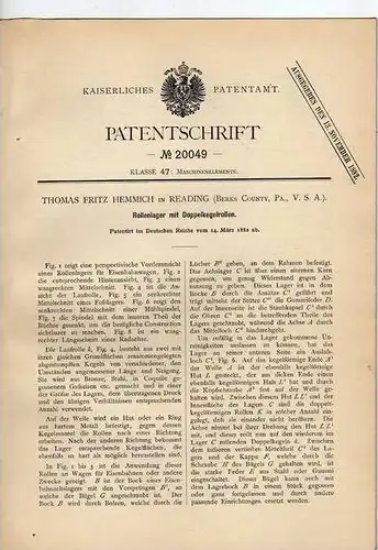 Original Patentschrift - T. Hemmich in Reading , USA , 1882 , Rollenlager , Kugellager !!!