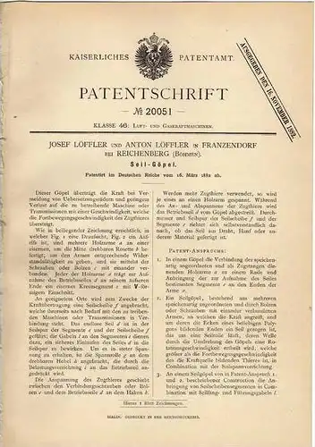 Original Patentschrift - J. Löffler in Franzendorf b. Reichenberg , Böhmen , 1882 , Seil - Göpel !!!