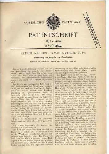 Original Patentschrift -  A. Schneider in Marienwerder , Westpreußen ,1900, Apparat für Toilettenpapier , WC ,Toilette !