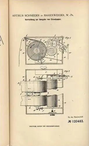 Original Patentschrift -  A. Schneider in Marienwerder , Westpreußen ,1900, Apparat für Toilettenpapier , WC ,Toilette !