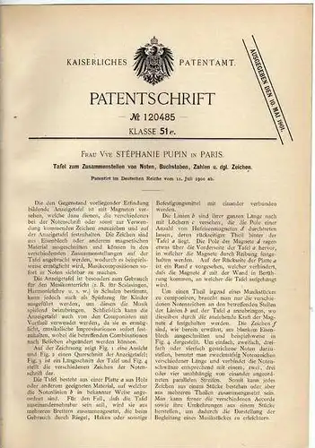 Original Patentschrift -  Tafel für Noten , 1900 , St. Pupin in Paris !!!