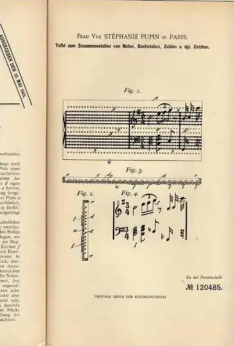 Original Patentschrift -  Tafel für Noten , 1900 , St. Pupin in Paris !!!