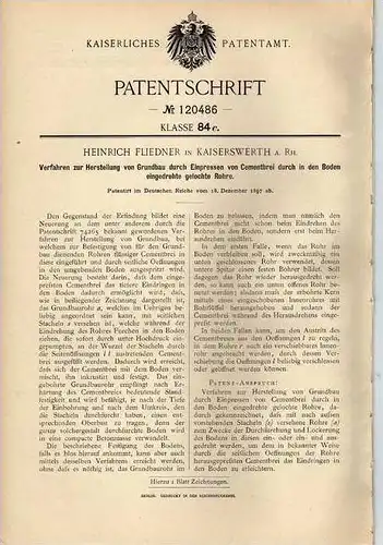 Original Patentschrift - H. Fliedner in Kaiserswerth a. Rh. , 1897 , Rohre für Cementbrei , Maurer , Hausbau !!!