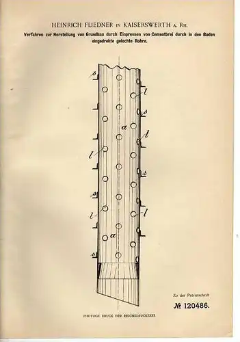 Original Patentschrift - H. Fliedner in Kaiserswerth a. Rh. , 1897 , Rohre für Cementbrei , Maurer , Hausbau !!!