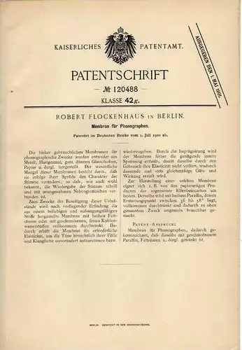 Original Patentschrift - Phonograph , Telefon , 1900 , R. Flockenhaus in Berlin !!!