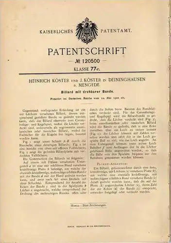 Original Patentschrift - H. Köster in Deininghausen b. Mengede , 1900 , Billiard , Billiardtisch !!!