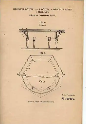 Original Patentschrift - H. Köster in Deininghausen b. Mengede , 1900 , Billiard , Billiardtisch !!!