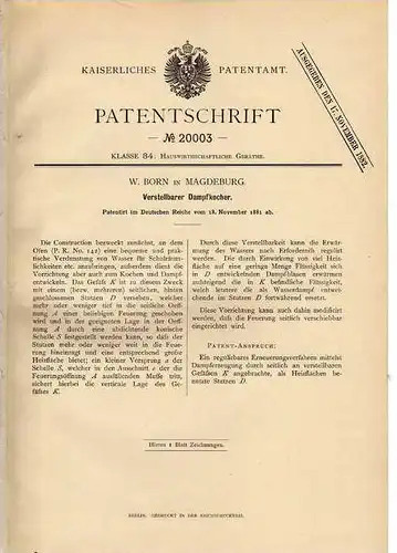 Original Patentschrift -  W. Born in Magdeburg , 1881 , Dampfkocher , Koch , Küche !!!