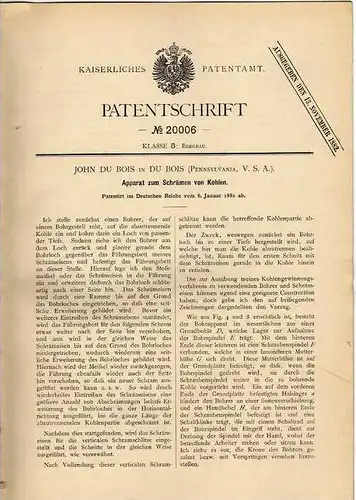 Original Patentschrift - Apparat für Kohle , 1882 , J. du Bois in Du Bois , Pennsylvania , USA  !!!