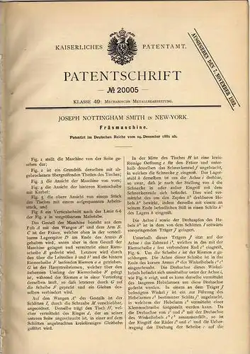 Original Patentschrift -  Fräsmaschine , 1881 , J. Nottingham in New York   !!!