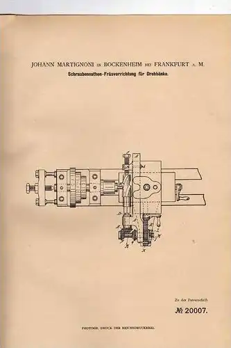 Original Patentschrift - J. Martignoni in Bockenheim b. Frankfurt a. M., 1882 , Drehbank !!!