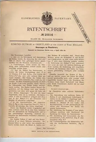 Original Patentschrift - Piano , Pianoforte , 1882 , E. Outram in Greetland , England !!!