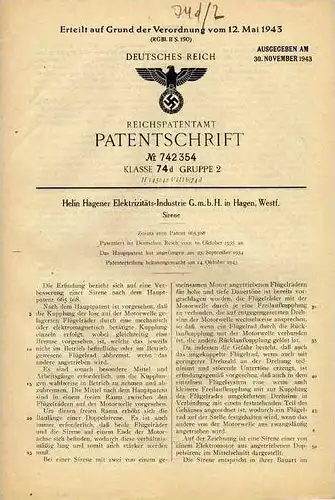 Original Patentschrift - Sirene , Alarmsirene , 1935 , Helin Elektr.-Industrie in Hagen , Westf.  !!!